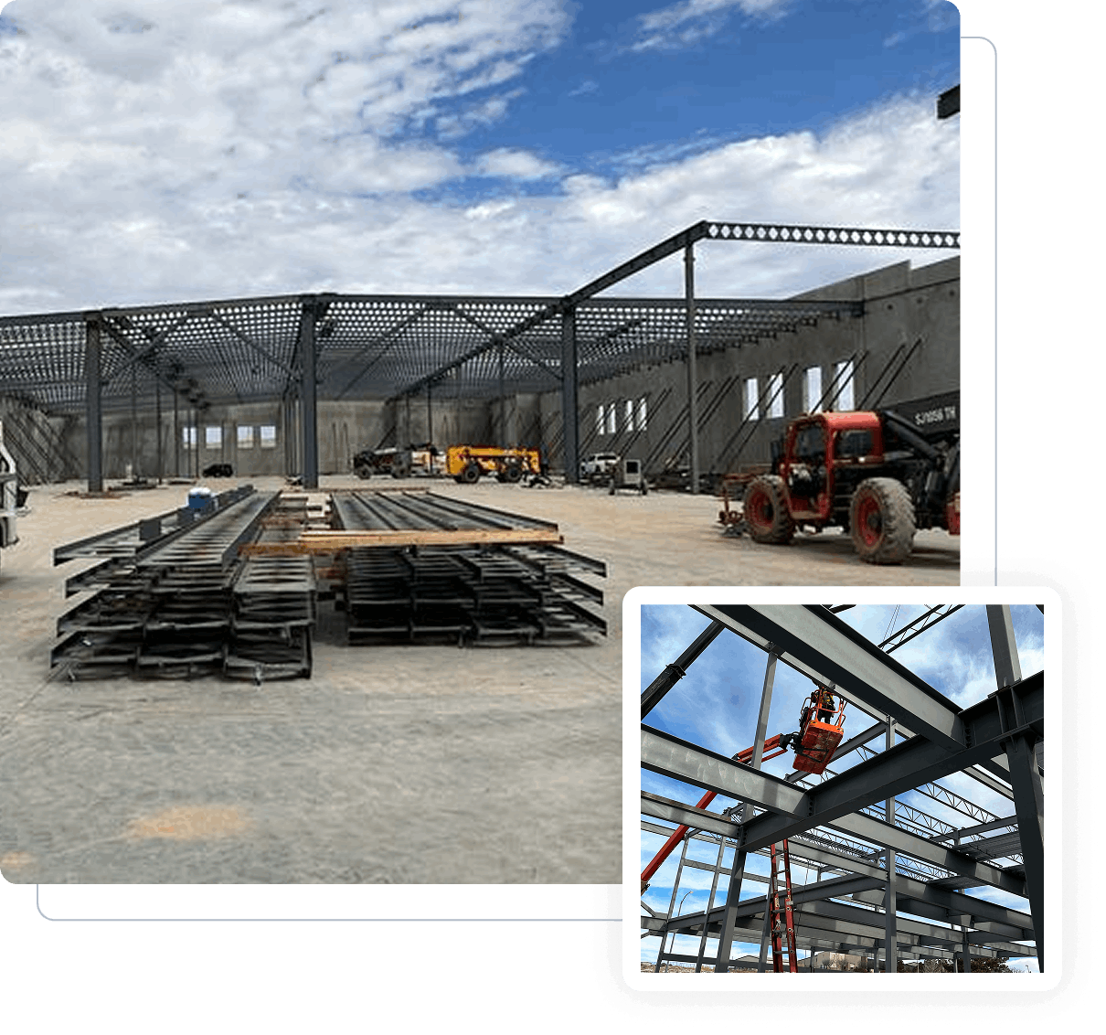 A building with many steel beams and construction equipment.